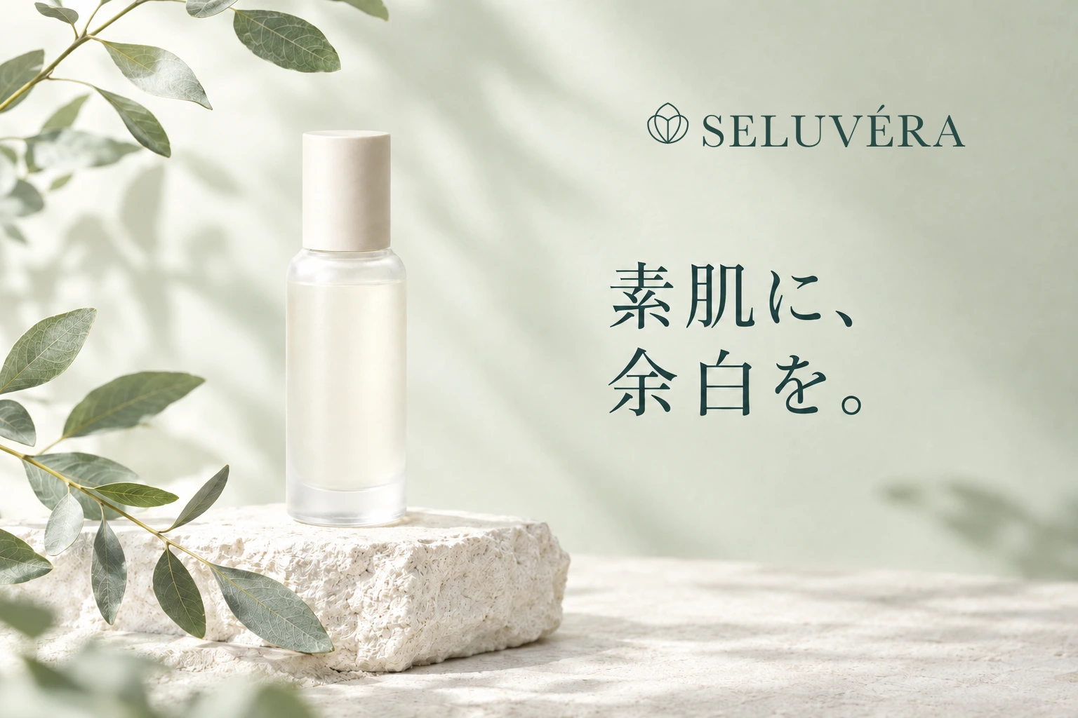セージ色の背景に葉と白い美容液ボトルを配置した広告。右上に登録したSELUVÉRAロゴ、その下に「素肌に、余白を。」の見出し